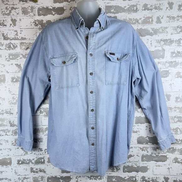 Carhartt Faded Denim Shirt Mens Large‎ Tall Distressed Work Utility Leather Tag - Picture 1 of 16